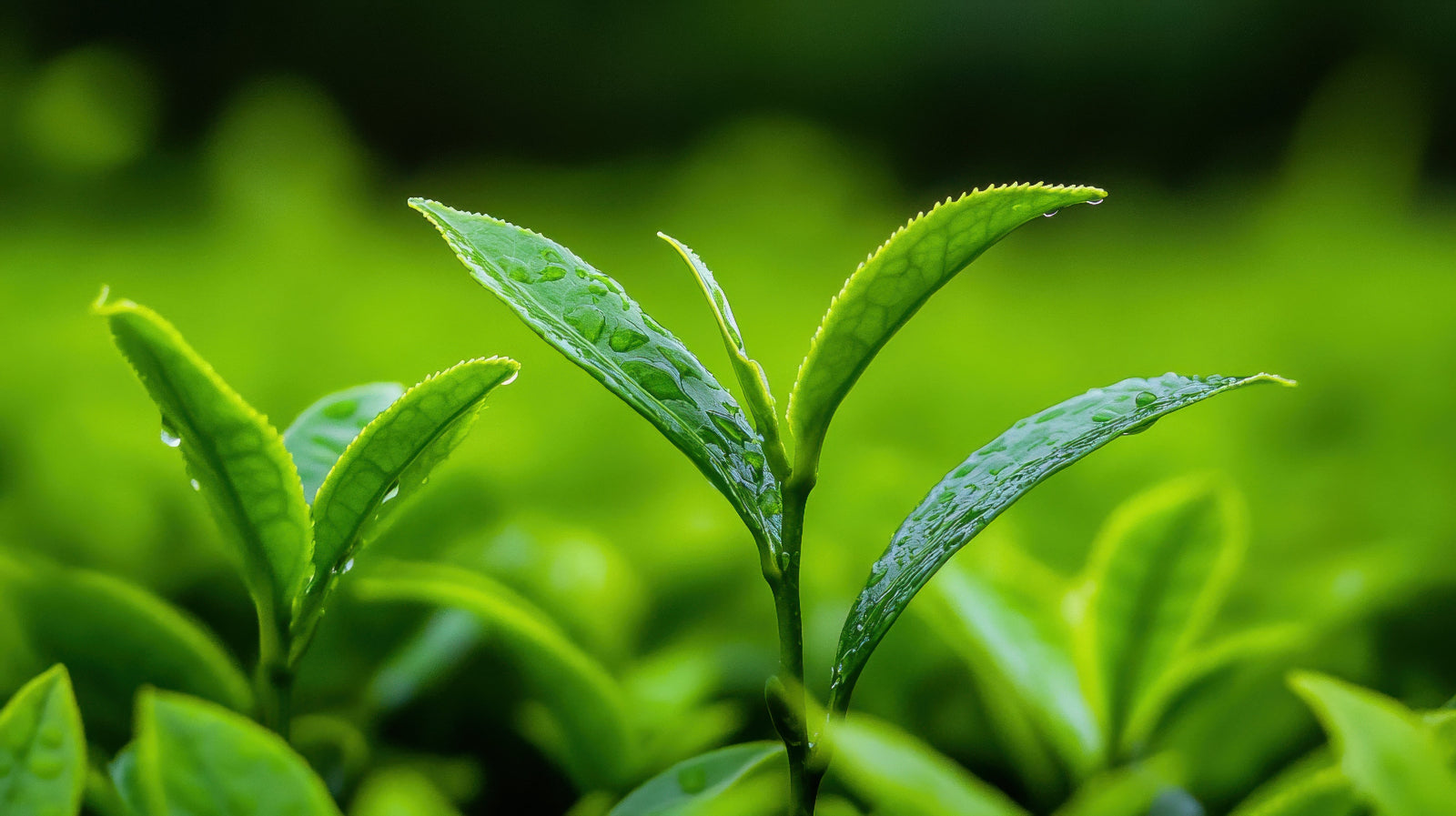 Close-up of green tea leaves with water droplets on a blurred green background