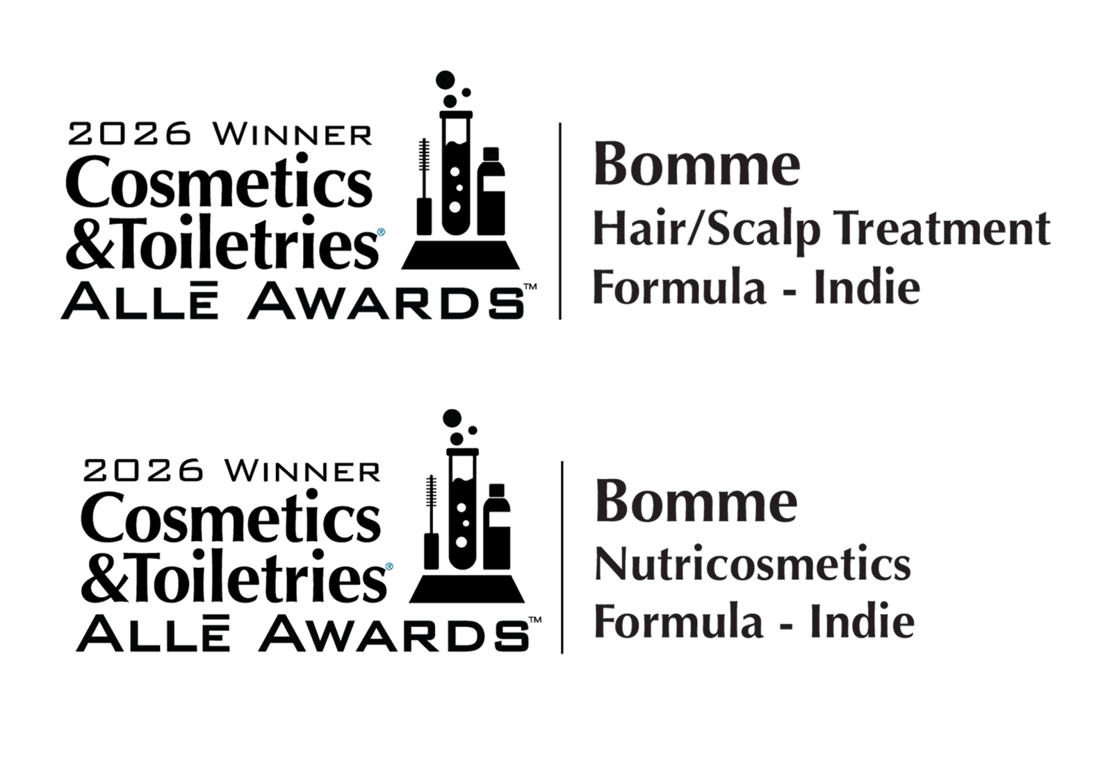 Two awards for 'Bomme' hair and scalp treatment and nutricosmetics formula from the 2026 Cosmetics & Toiletries Allè Awards.