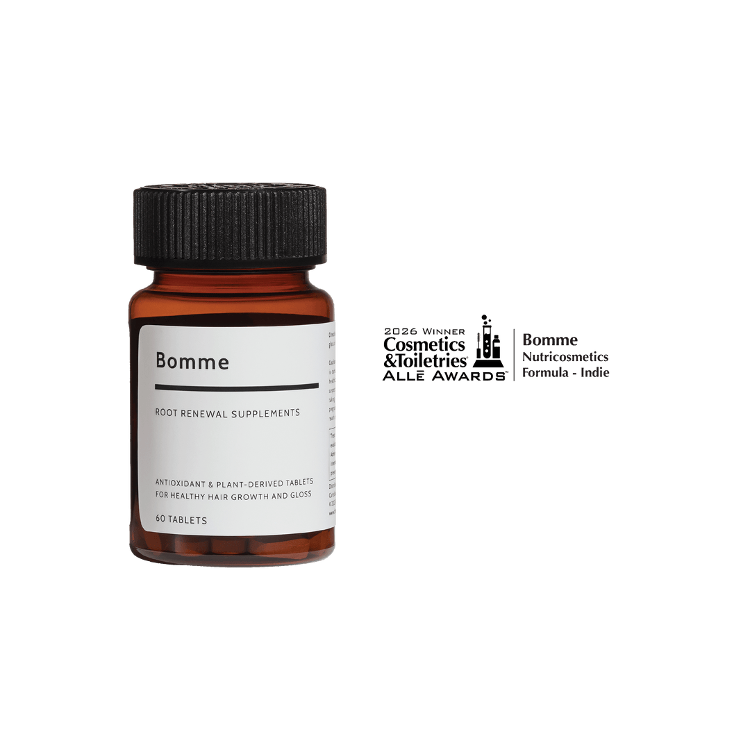 Bottle of Bomme root renewal supplements on a white background with awards text.