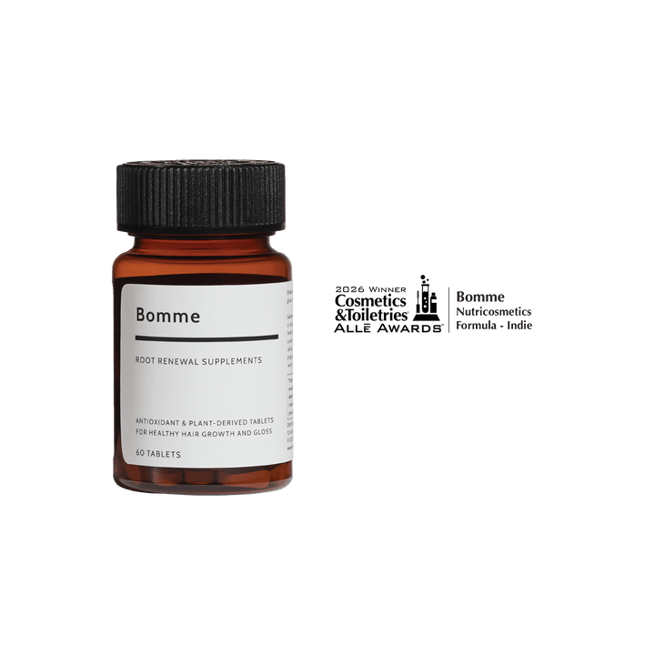 Bottle of Bomme root renewal supplements on a white background with awards text.