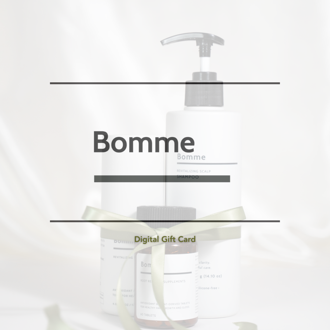 Bomme haircare product with a digital gift card overlay on a white background