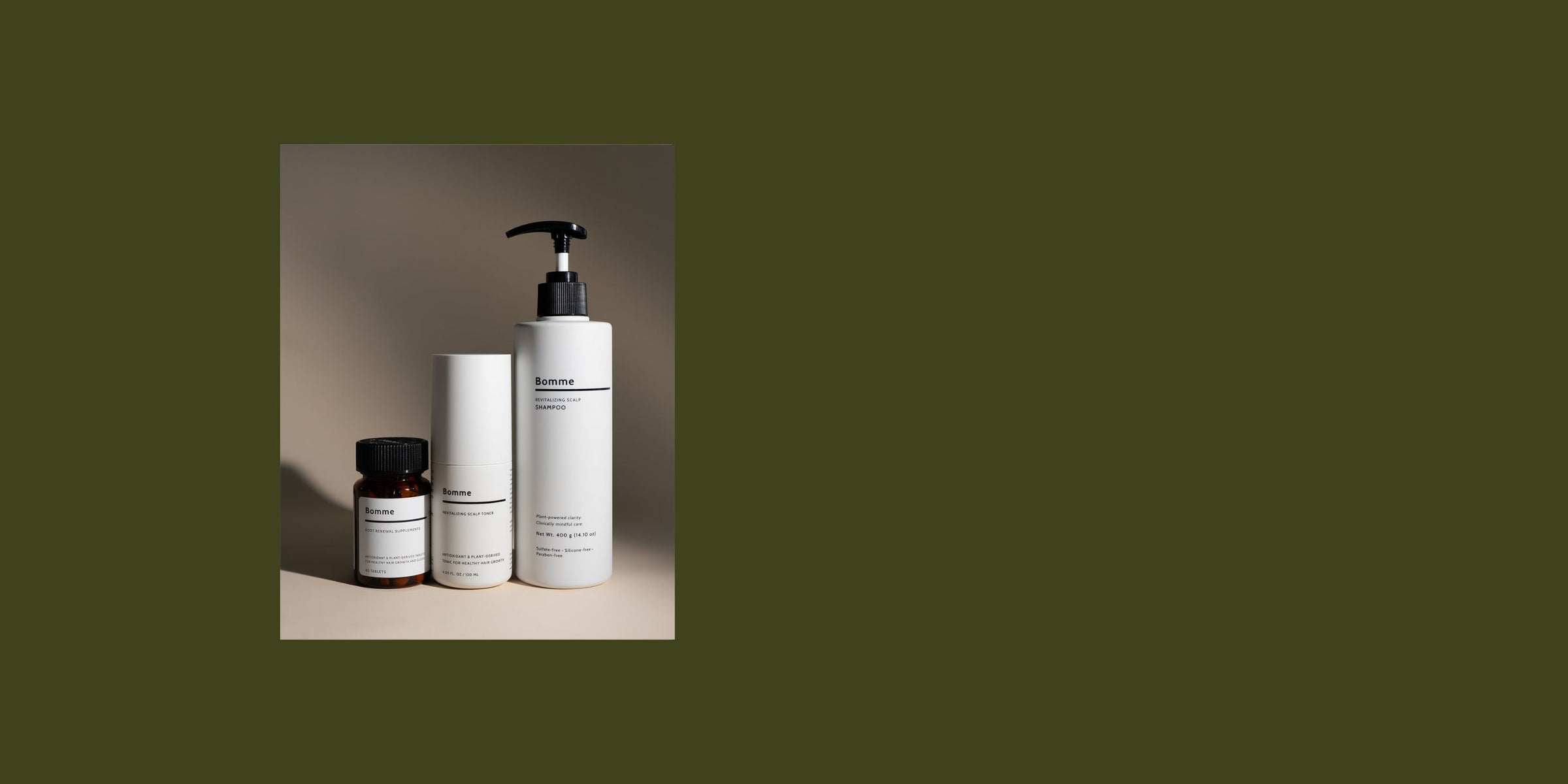 Bomme Ritual with Shampoo, Toner and Supplements in neutral background